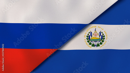 The flags of Russia and El Salvador. News, reportage, business background. 3d illustration