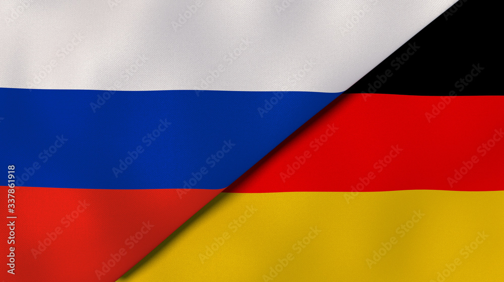 The flags of Russia and Germany. News, reportage, business background. 3d illustration