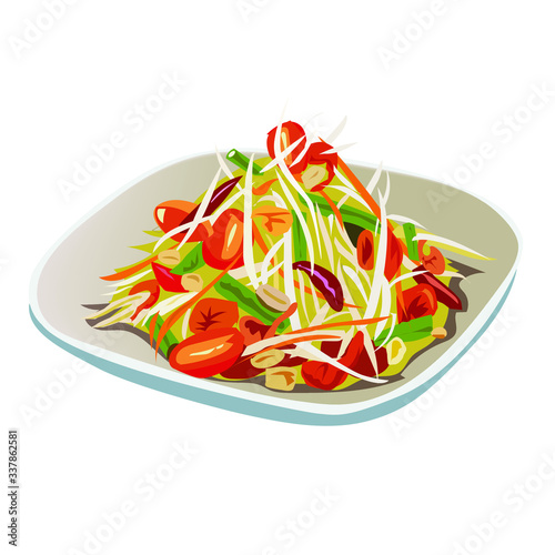 Thai papaya salad, Som tam is very famous in Thailand ,
 on a plate,vector food,Thai food.