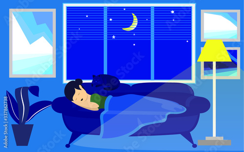 woman enjoying sleep under warm blanket in her home at night. pets sleep with cute cat owner. flat vector. good sleep concept, banner, graphic, vector, eps.