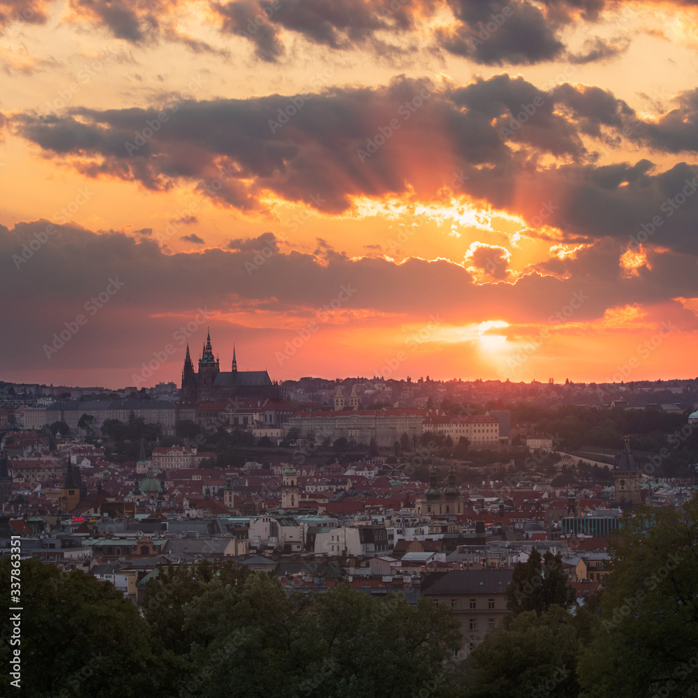 Red sunset of Prague Castle in Prague, Czech Republic
