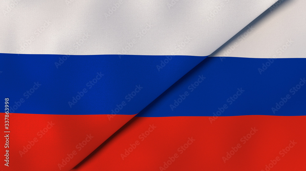The flags of Russia and Russia. News, reportage, business background. 3d illustration