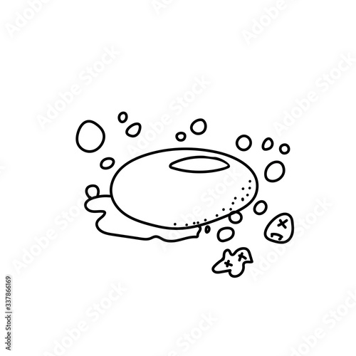 Antibacterial soap with bubbles. The picture is hand drawn. Soap in the foam.Vector illustration sketch in doodle style.