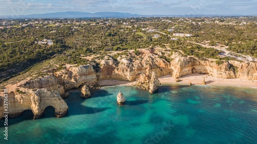 Aerial view of Marinha beach and Mesquita beach. Beautiful beach in the Carvoeiro, in Algarve, Portugal
