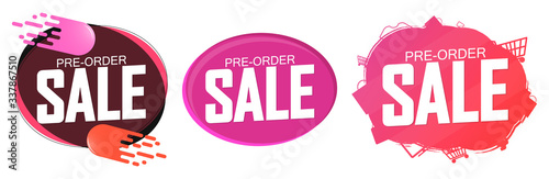 Set Pre-Order Sale banners design template, discount tags, vector illustration