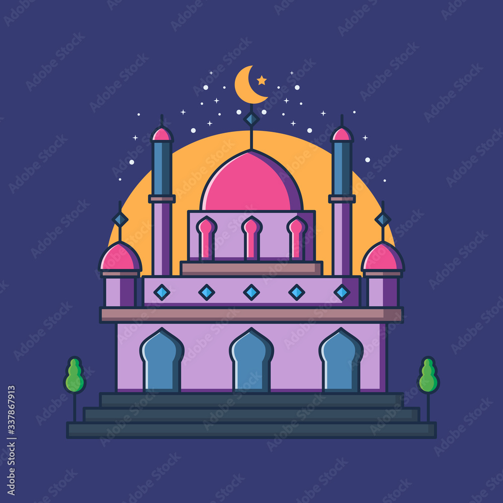 Flat Illustration Vector Graphic of Modern Mosque at Night and Moon. Perfect for Your Banner, Poster, Social Media Design, etc.