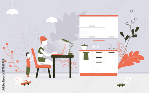 Cute happy mother sits at a table in the kitchen and works at a computer at home, a small child spying on her. Female freelance worker with a child at the workplace. Vector flat cartoon illustration.