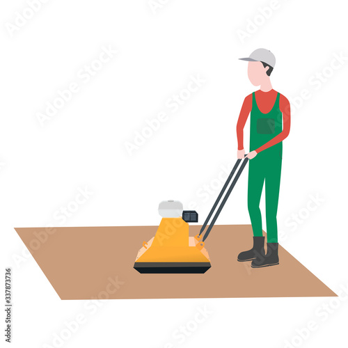 Sand compactor. Man works Leveler. Construction Materials. Vector illustration. White background. 