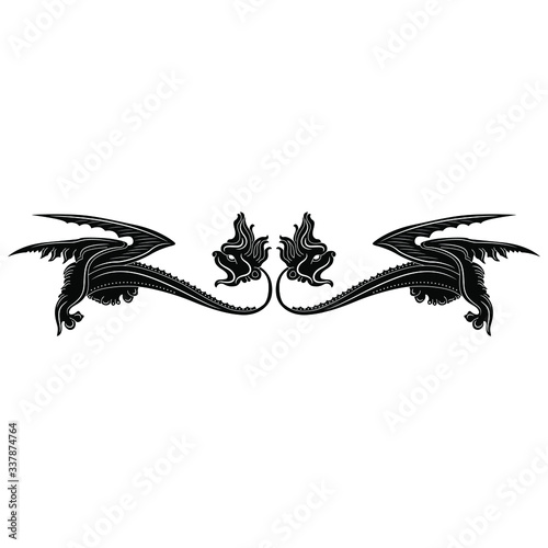 Isolated vector illustration. Symmetrical vintage vignette with two medieval dragons. Illuminated manuscript style. Gothic animal decor. Black and white silhouette. 