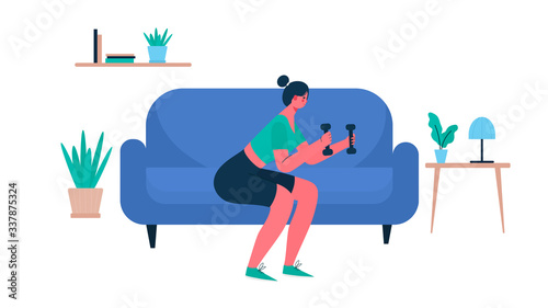 Woman in sportswear doing exercise squat with dumbbells at home. Woman doing workout indoor. Woman activities. Sport Healthy lifestyle, Fitness , Wellness Concept. Cartoon flat vector illustration.