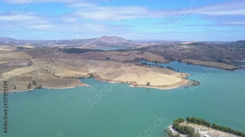 Cinematic panoramic view of the Natural Park “Desfiladero de los Gaitanes”.- Malaga, Iconic Andalusian touristic area, starting point of the Royal Trail (El Caminito del Rey). Andalucia. Spain FRONT