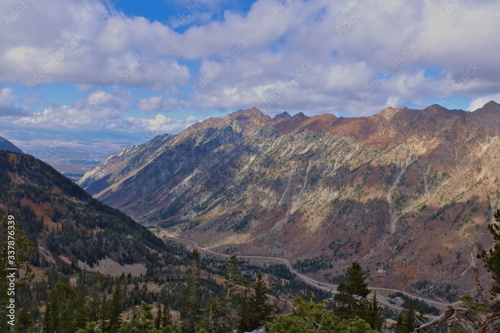 View of Little Cottonwood Canyon high up on ridge leading to Hidden Peak