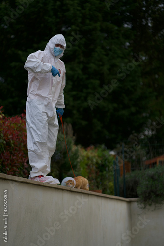 A man in a white antibacterial suit walks a cat for a walk, a red cat with a protective collar, a funny time but maybe this is the future photo