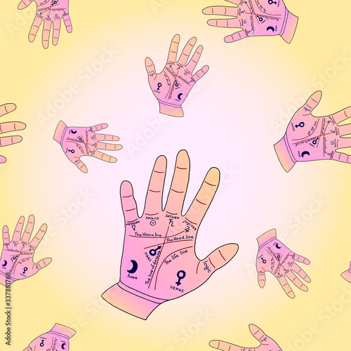 Seamless pattern with colorful hand for reading palm, palm for reading cards.