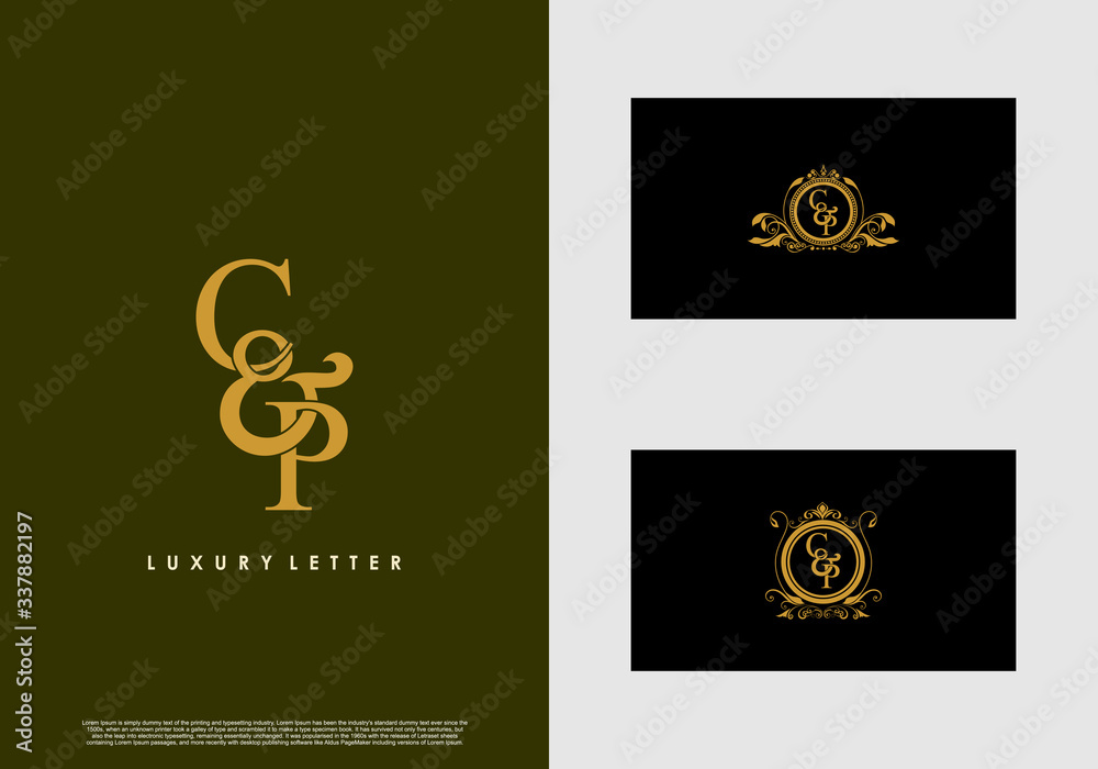 CP logo initial vector mark. Gold color elegant classical symmetric curves decor.