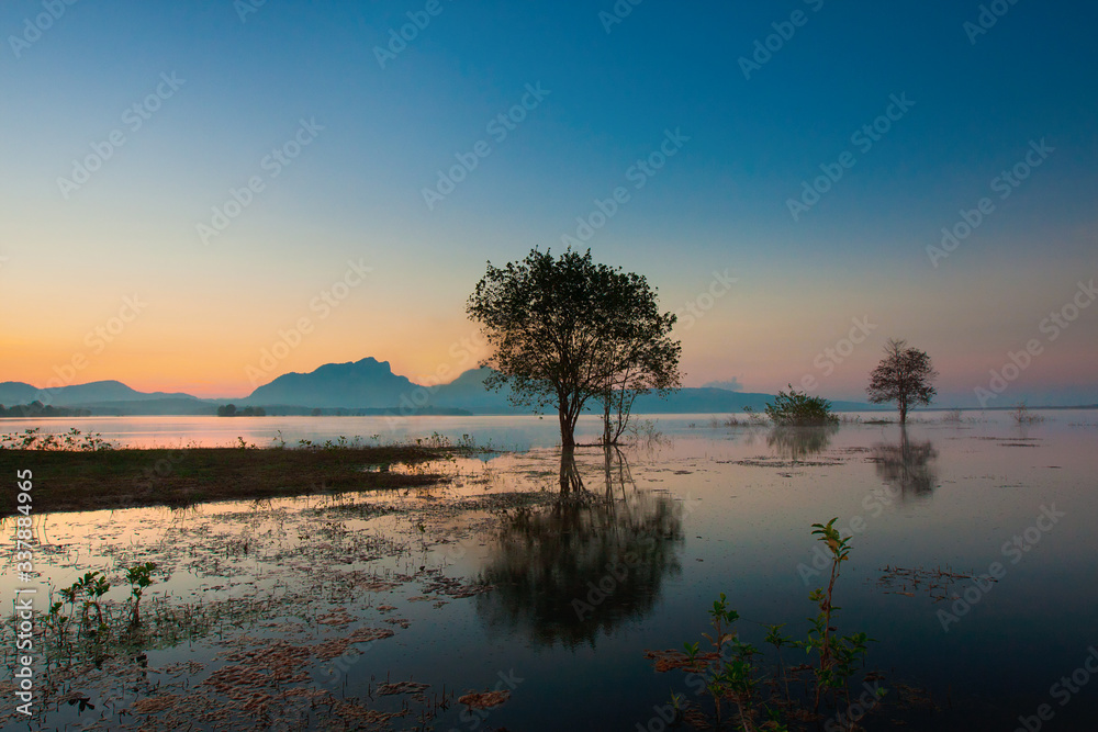 Sunrise at the reservoir of northern Thailand