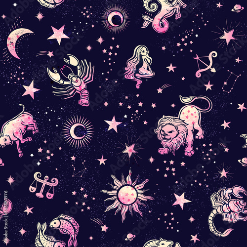Space Galaxy constellation seamless pattern print could be used for textile, zodiac star yoga mat, phone case