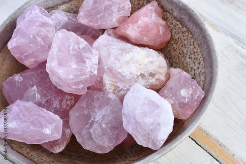 Bowl of Rose Quartz Crystals.  photo