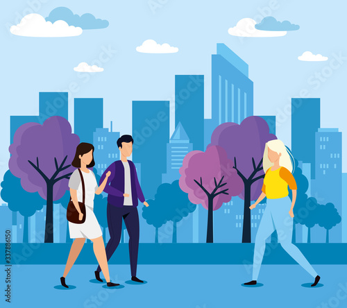 urban scene with young people walking vector illustration design