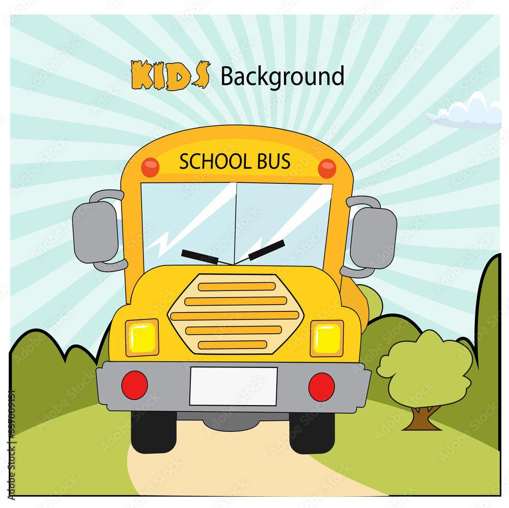 school bus and kids game background with rainbow, cartoon background