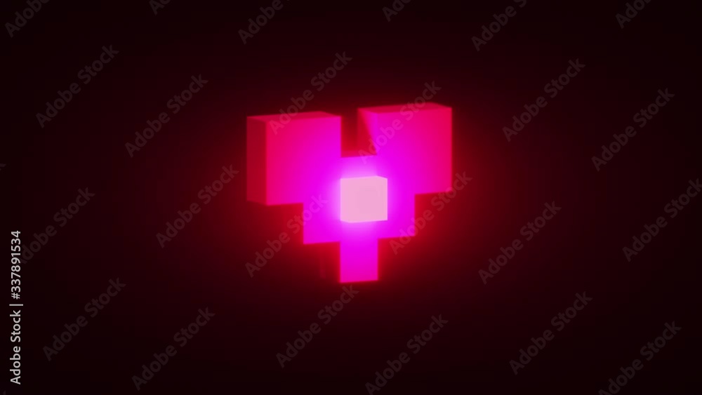 Glowing pixel Heart beating. Abstract pixel heart pulsating on black background. Loopable animation.