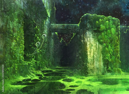 Original painting of a magic surreal place where evrything is covered in green moss and eyes of the alien creature are looking from the dark corner