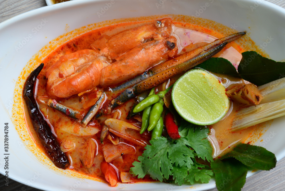 River prawn spicy soup, (in Thai: Tom Yum goong or Tom Yum kung) River prawn spicy soup, (in Thai: Tom Yum goong or Tom Yum kung)