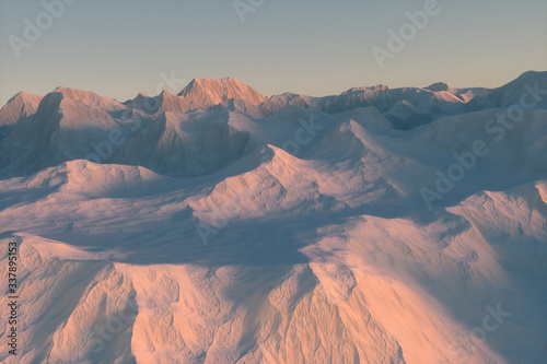 A stretch of snow mountain with blue sky, 3d rendering. © Vink Fan