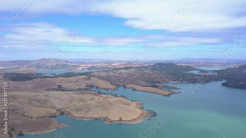 Cinematic panoramic view of the Natural Park “Desfiladero de los Gaitanes”.- Malaga, Iconic Andalusian touristic area, starting point of the Royal Trail (El Caminito del Rey). Andalucia. Spain LEFT
