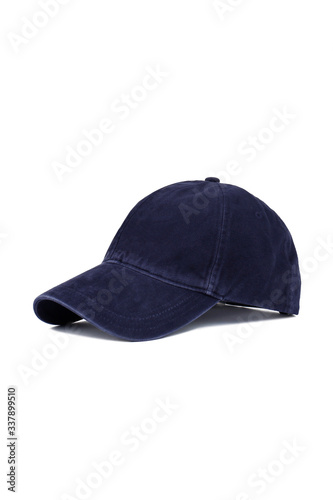 Dark blue baseball cap, side view