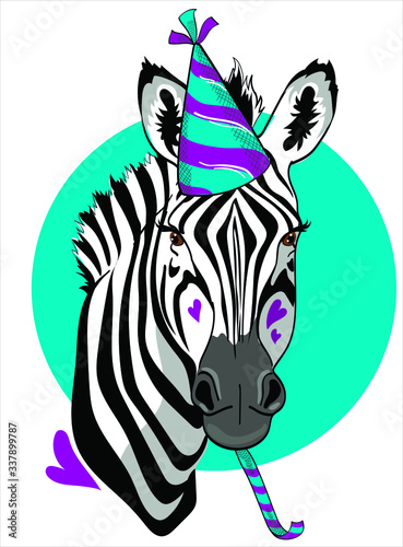 Fun zebra in festive cap isolate on white background.  Happy Birthday  Humor card  t-shirt design composition  hand drawn style print. Vector illustration.
