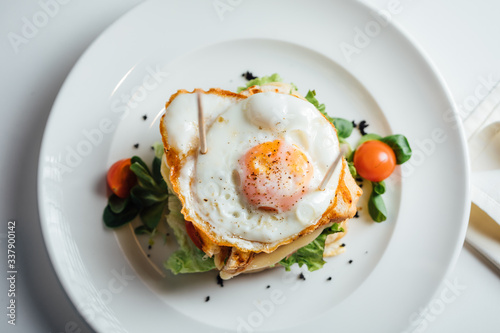 Grilled toast sandwich with cheese and sunny side up fried egg.Two croque-monsieur sandwiches.Double panini with ham and cheese,lettuce and tomato.Breakfast inspiration.Nutritional morning recipe.