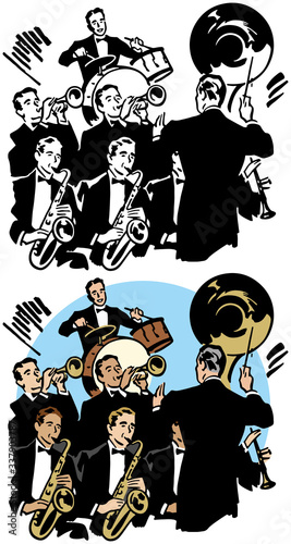 A cartoon of a big band orchestra being directed by a conductor. 