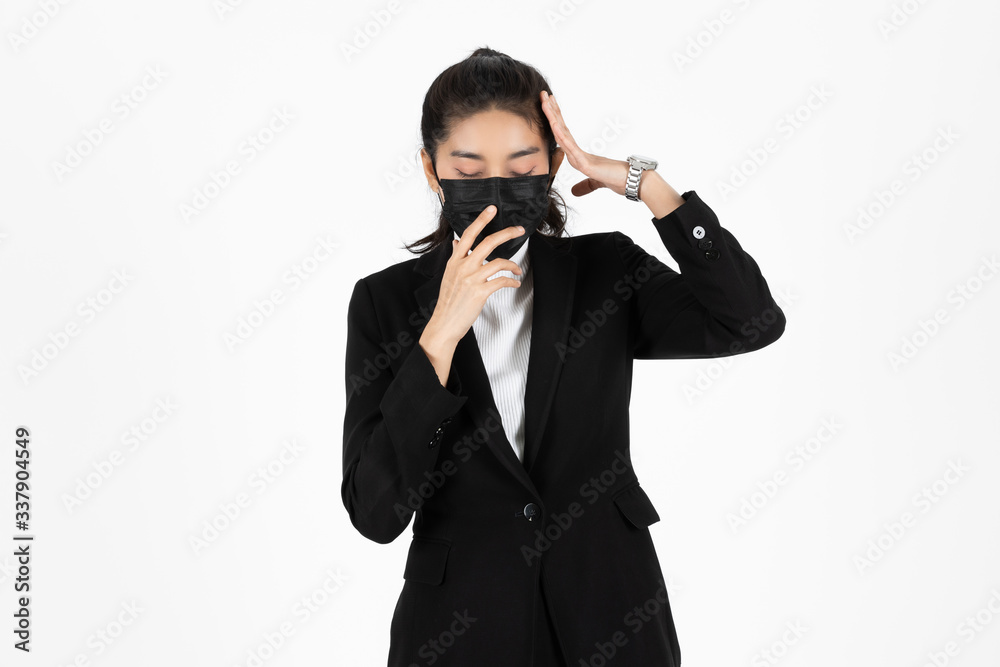 Portrait of upset stressed Asian business woman in suit wearing face mask on white isolated background. Coronavirus flu virus , Covid 19 , Air pollution pm2.5 concept. Portrait of upset stressed Asian business woman in suit wearing face mask on white isolated background. Coronavirus flu virus , Covid 19 , Air pollution pm2.5 concept.