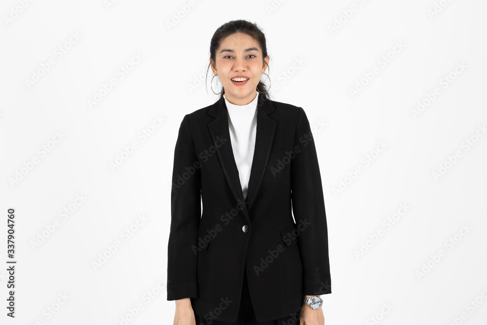 Cheerful young Asian business woman in suit smiling on white isolated background. Cheerful young Asian business woman in suit smiling on white isolated background.