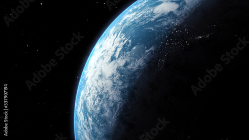 Fototapeta Naklejka Na Ścianę i Meble -  A cinematic rendering of planet Earth rise rotation moving from night side to the illuminated daylight side with the sun rising on the planet's horizon