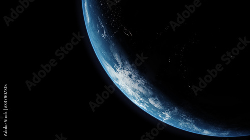 A cinematic rendering of planet Earth rise rotation moving from night side to the illuminated daylight side with the sun rising on the planet's horizon