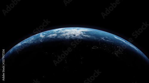 A cinematic rendering of planet Earth rise rotation moving from night side to the illuminated daylight side with the sun rising on the planet's horizon