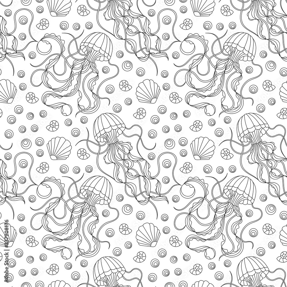 Seamless pattern on a marine theme with  jellyfishes and shells, contour  images on a white background