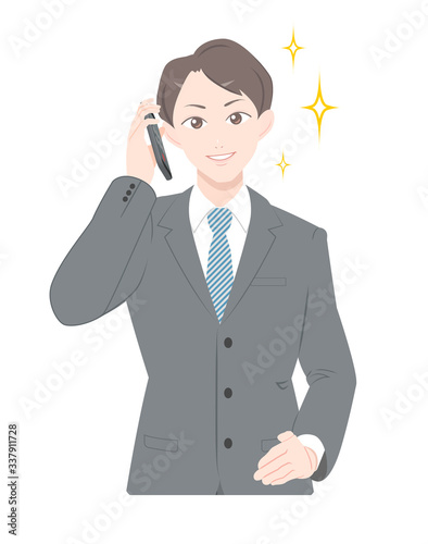 電話　笑顔　ポーズ　ビジネス　スーツ　男性
