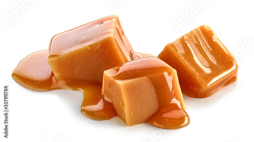 caramel pieces on white background