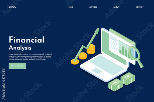 Isometric concept of business analysis, financial audit report, accounting and online investment management software application service concept.  3d style web banner template with text.