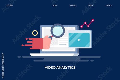 Video analytics - data analytic software application for online video performance monitoring, marketer analyzing video marketing data. Flat design web banner template.
