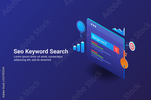 Seo keyword research and analysis, website keyword optimization and keyword data, 3d isometric style design concept. Web banner template.