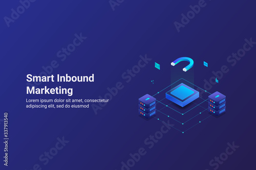 Inbound marketing with business intelligence technology, smart marketing strategy with artificial intelligence, internet concept. Isometric web banner, landing page.