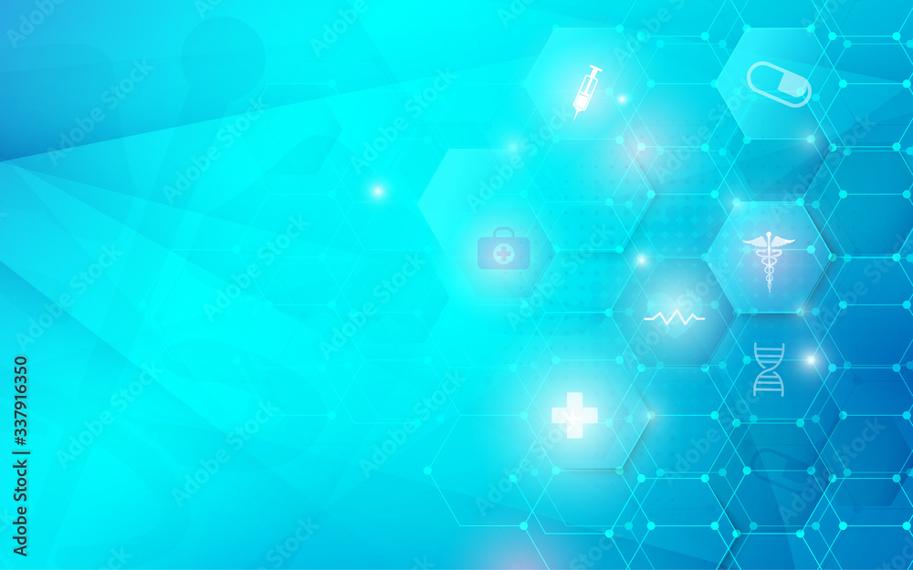 Health care and science icons medical innovation concept. Abstract geometric futuristic technology background Health care and science icons medical innovation concept. Abstract geometric futuristic technology background