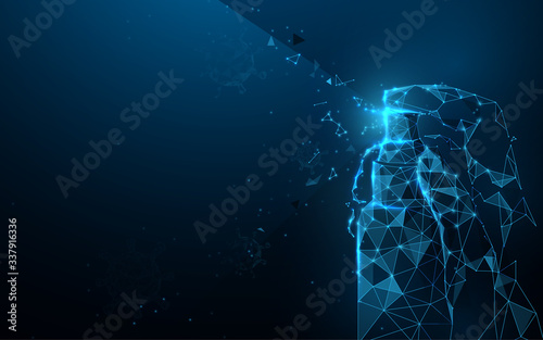 Novel Coronavirus 2019. Covid 19-NCP. Hand holding Alcohol Spray. Coronavirus sterilization with disinfection spray. Low poly vector
