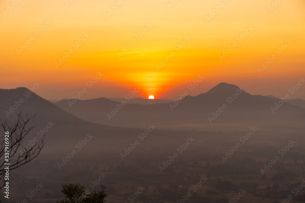 sunrise in the morning at Phutok hill view point, Chiangkhan, Loei Province, Thailand.