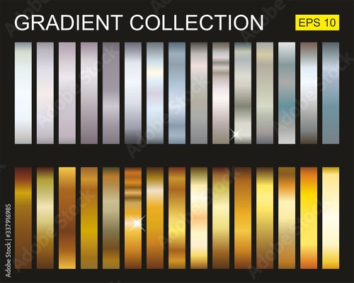 Collection of gradients of gold and silver metals. Set of golden and silver metalic gradients, Vector illustration