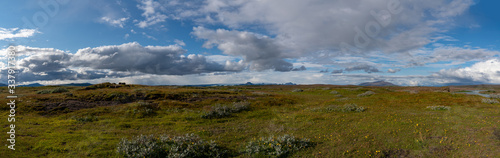 Panorama of a green landscape in Iceland